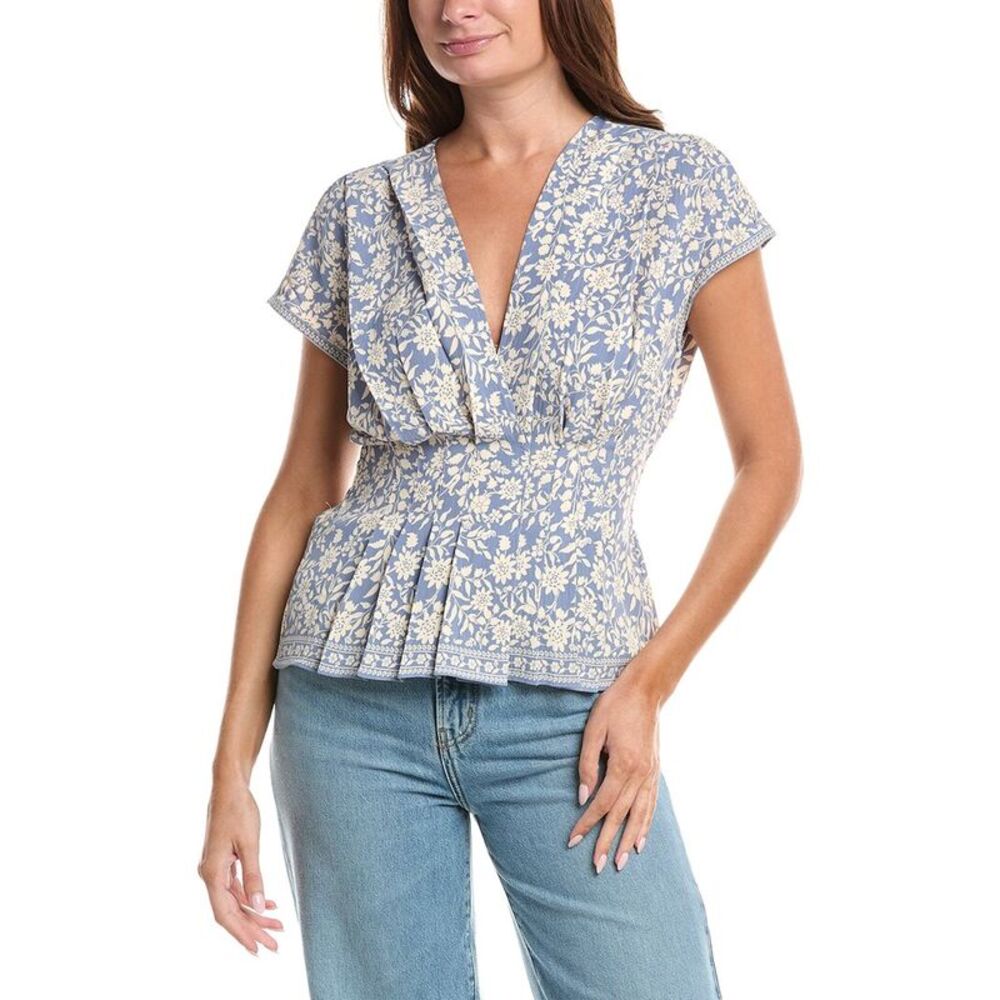 Max Studio Womens  Short Sleeve Pleat Front Blouse, Blue